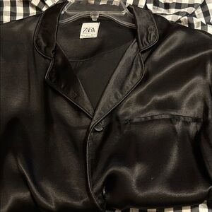 Zara Mens Pajama Style Midnight Black Satin Shirt, sz L
